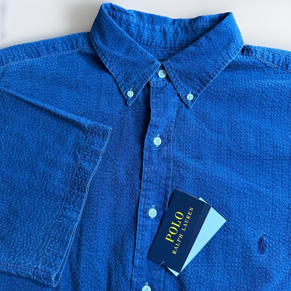 NEW Polo Ralph Lauren Indigo-Dyed Seersucker Shirt Mens XLT Tall Navy Blue Beach